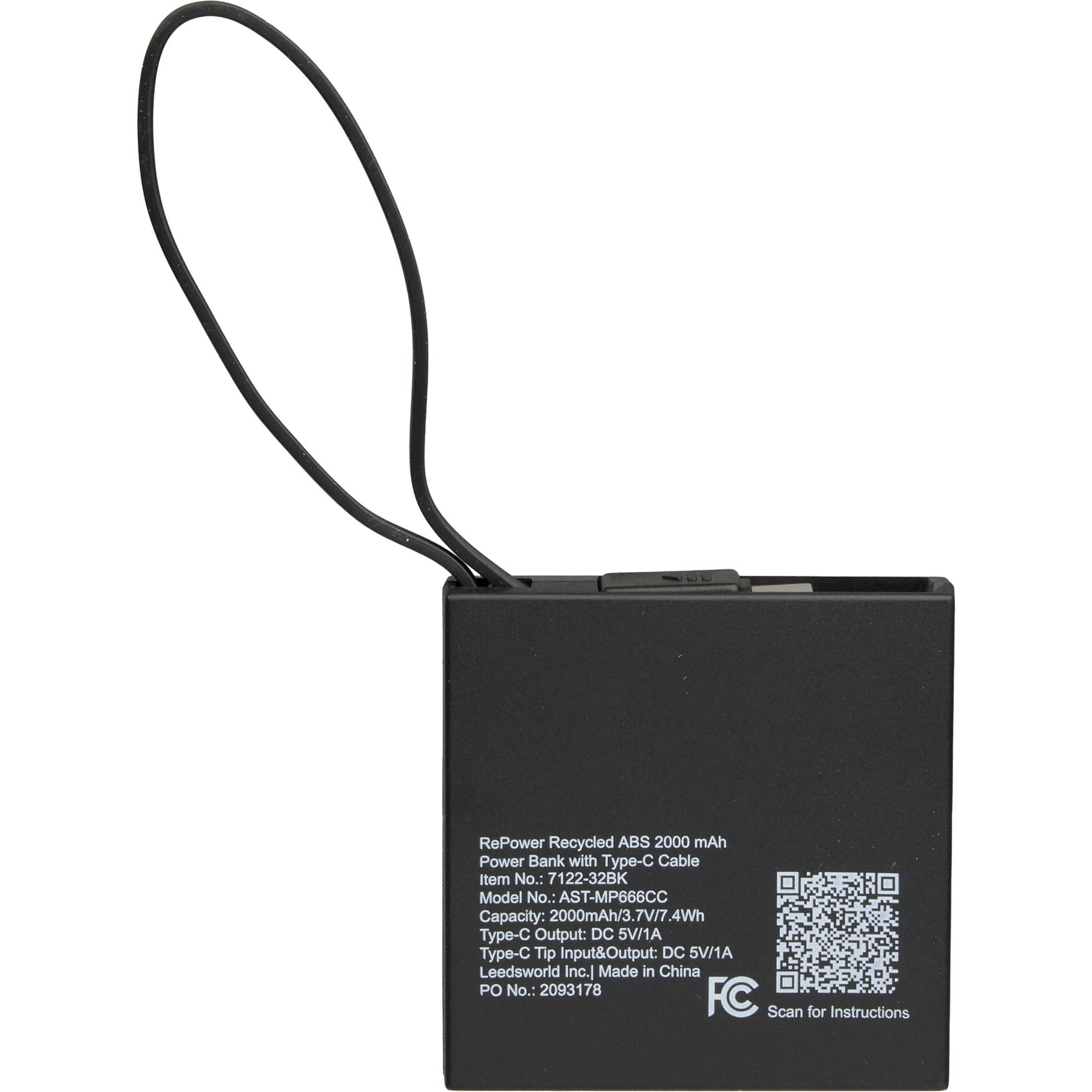 Recycled ABS 2000 mAh Power Bank with Type-C Cable-6